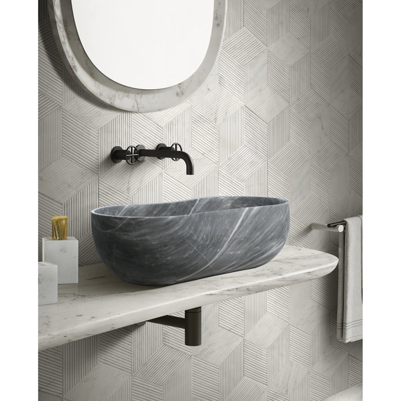 Lavabo vasque de salle de bain en marbre gris, profondeur de 23,6 pouces, hauteur de 7,1 pouces, forme ondulée distinctive, facile à nettoyer et à entretenir, s'adapte à différentes configurations naturelles 14,2 de large, finition semi-polie, pré-percé pour