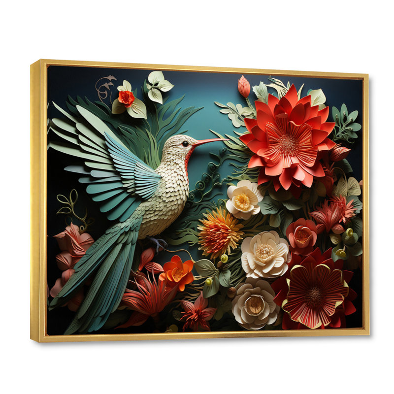 Coral Red Hummingbird Harmony - Animals Canvas Prints, H 30 po x l 40 po x P 1,5 po, Cadre flottant doré