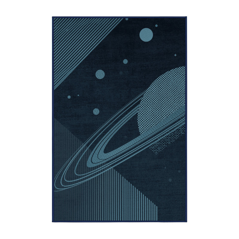 Tapis géométrique gris lavable à la machine à motif de planètes avec anneaux gris Alan, 7 x 9