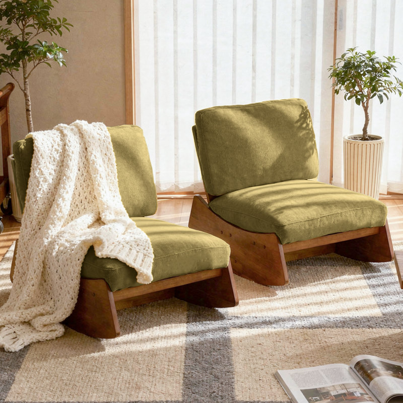 Fauteuil à bascule en bois massif recouvert de chenille avec siège et dossier rembourrés (lot de 2), Green