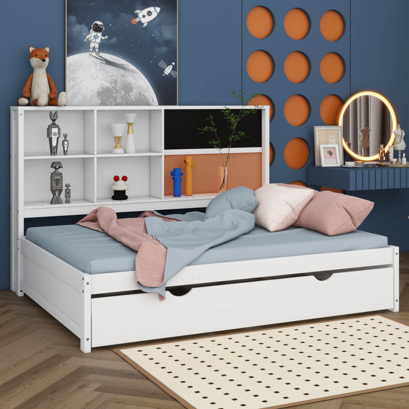 Lit de jour double avec lit gigogne, cadre de lit multifonctionnel avec tablettes de rangement, tableau noir et tableau de liège, port USB