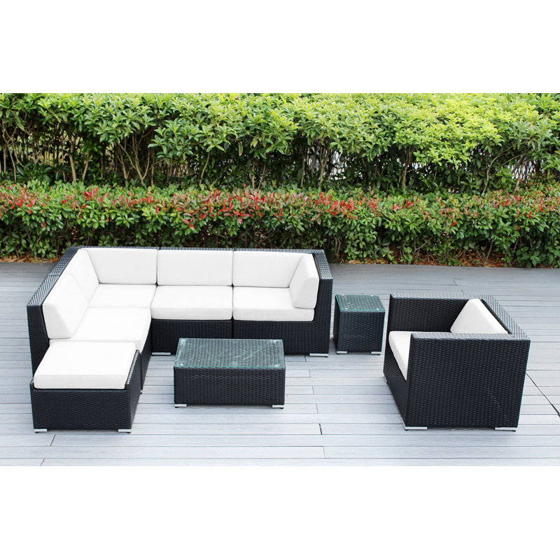 Ensemble de conversation en osier pour 6 personnes avec coussins - aucun assemblage, Toile toile Sunbrella® charbon