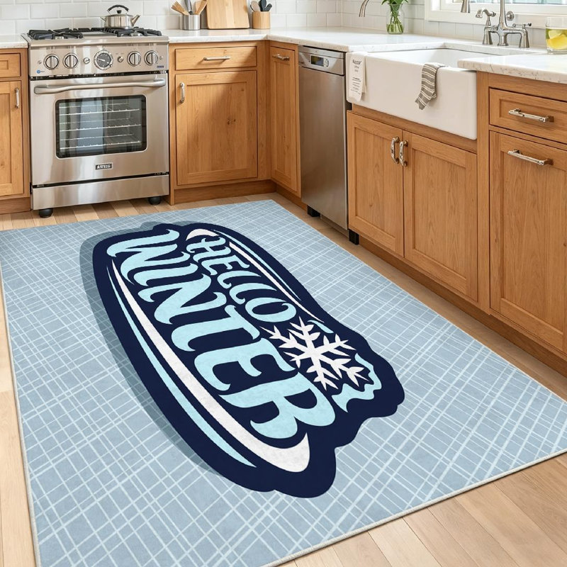 Tapis d'intérieur bleu lavable à la machine, logo de Noël pour l'hiver, Rectangle 39 po x 63 po