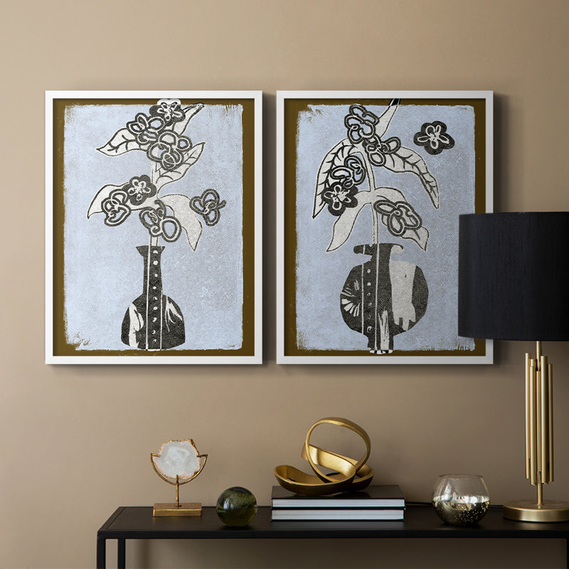 Fleurs graphiques dans un vase III - reproduction encadrée de qualité supérieure - prête à être accrochée - aucun clou requis - aucun clou requis