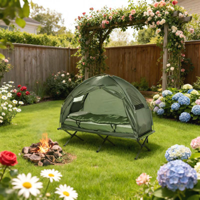 Lit de camping pliable pour 2 personnes avec tente, couvre-lit et matelas gonflable épais, tente de camping surélevée 4-en-1 pour la randonnée en plein air, le pique-nique, les voyages