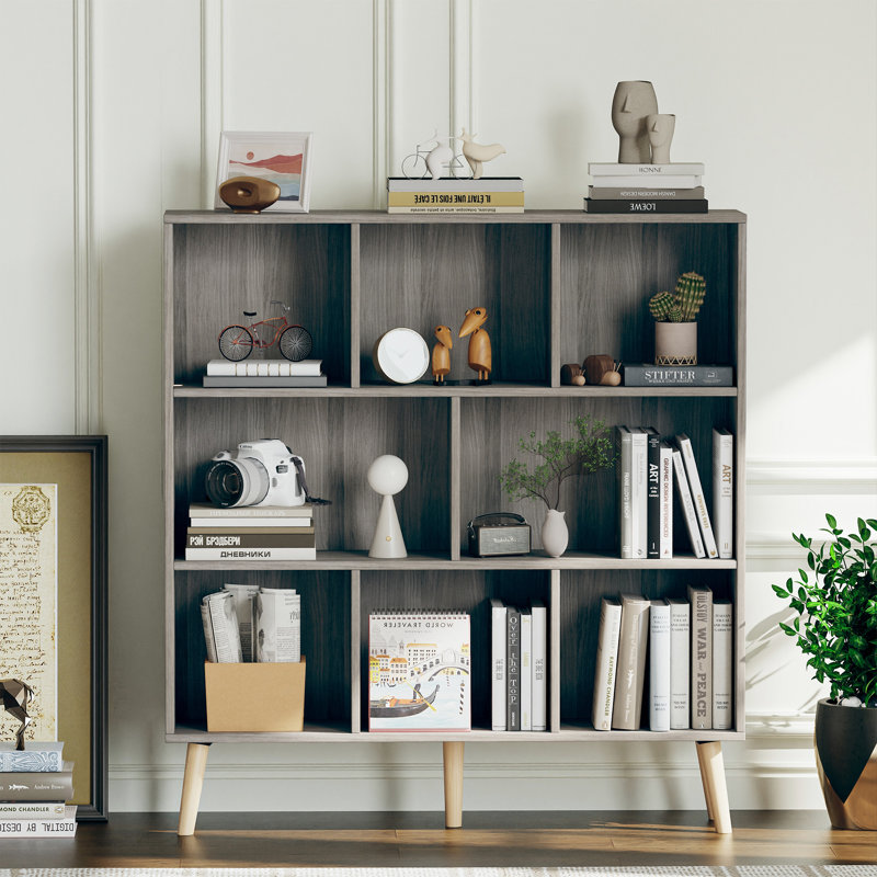 Jaen Solid and Manufactured Wood Cube Bookcase, (8 Shelves) 42.5" H x 47.2" W x 9.4" D, Platinum Gray