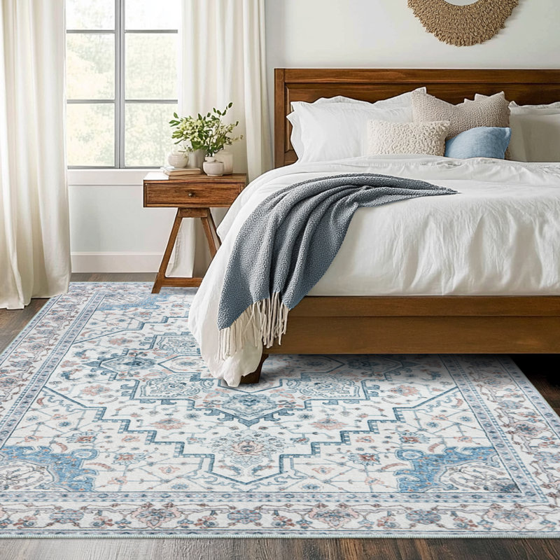 5x7ft Machine-washable Carpet, Cashmere-Look Rug with Non-Slip Backing and Durable Edging, Bohemian Style Rug Suitable for Living Room, Bedroom, Dining Room