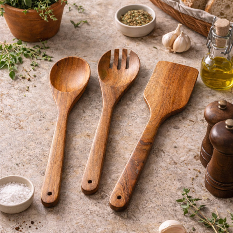 Ensemble d'ustensiles en bois fabriqués à la main - cuillère, fourchette et spatule