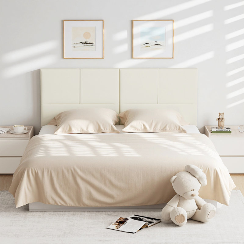 Upholstered Headboard Queen Size, Solid Wood Head Board with Sturdy Metal Legs, Faux Leather,Height Adjustable, Ivory, Queen