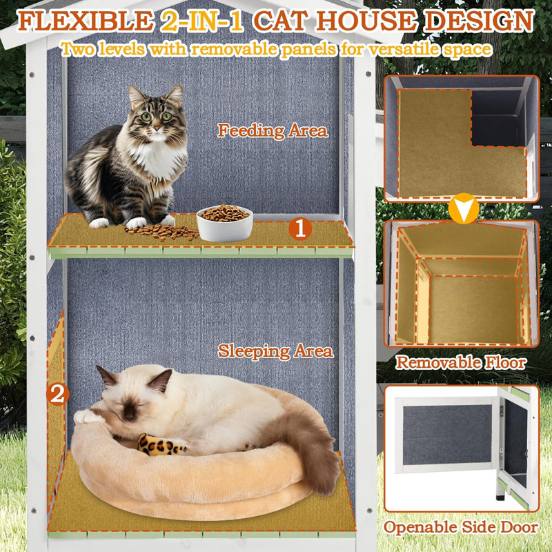 Insulated Outdoor Cat House, Weatherproof 2-Story Feral Shelter with Escape Doors, Green