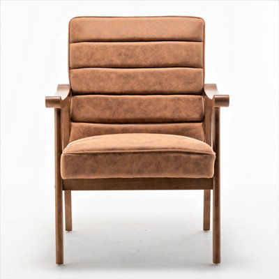 Mid-Century Modern Accent Chair, Solid Wood Frame Leather Look Microfiber Armchair with Open-Framed Arm Design
