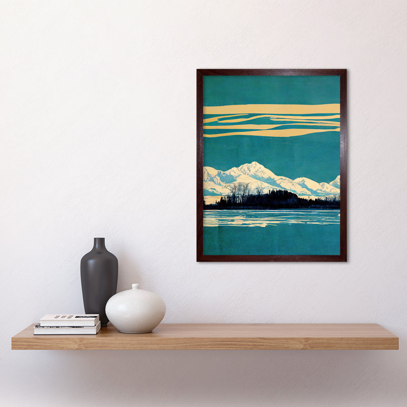 Winter Lakeside Landscape Snowy Mountains - Print, Brown Framed Paper, 43cm H x 33cm W