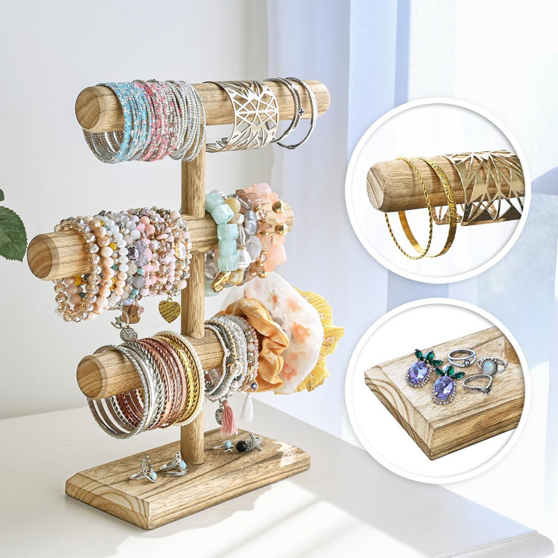 Présentoir à bijoux en bois à 3 niveaux à assemblage gratuit, Chêne