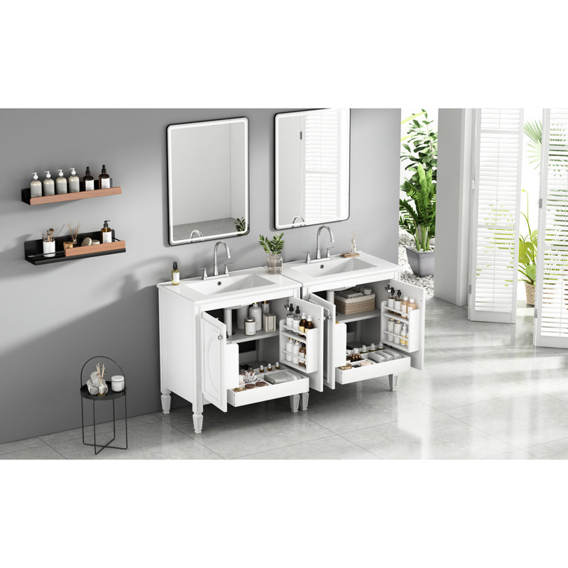 Meuble-lavabo de 60 po avec lavabo en bois massif et céramique avec surface imperméable, design élégant rétro, grand rangement réglable, lavabo à charnières à fermeture en douceur rouille, esthétique rétro, espace de rangement,