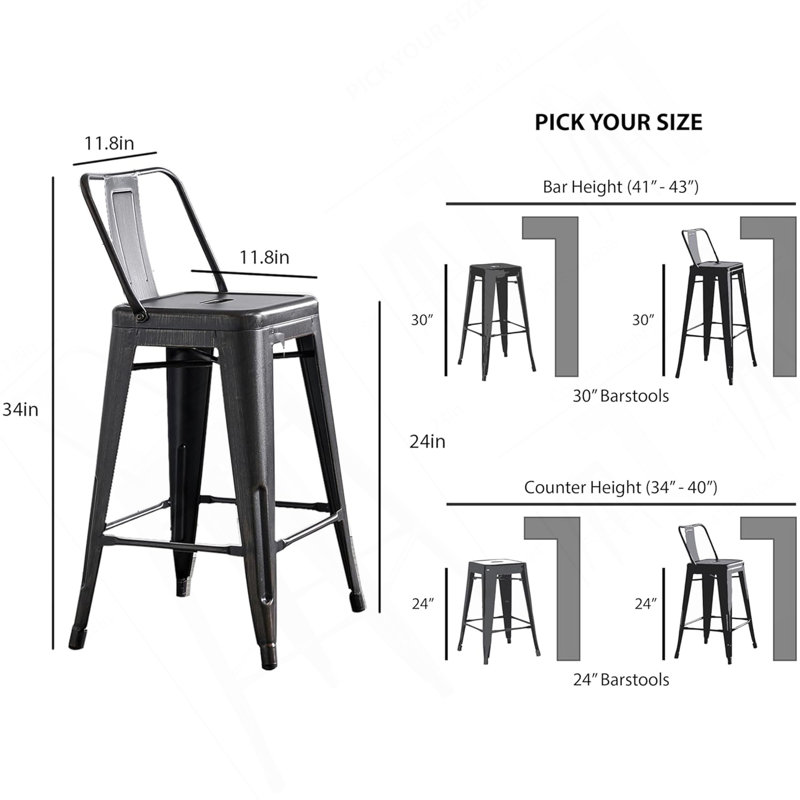 24"Metal Barstool,Country Rustic Style With Back, Kitchen Counter Bar Stool, Lightweight & Sturdy Build, Set Of 4 -Matte Black