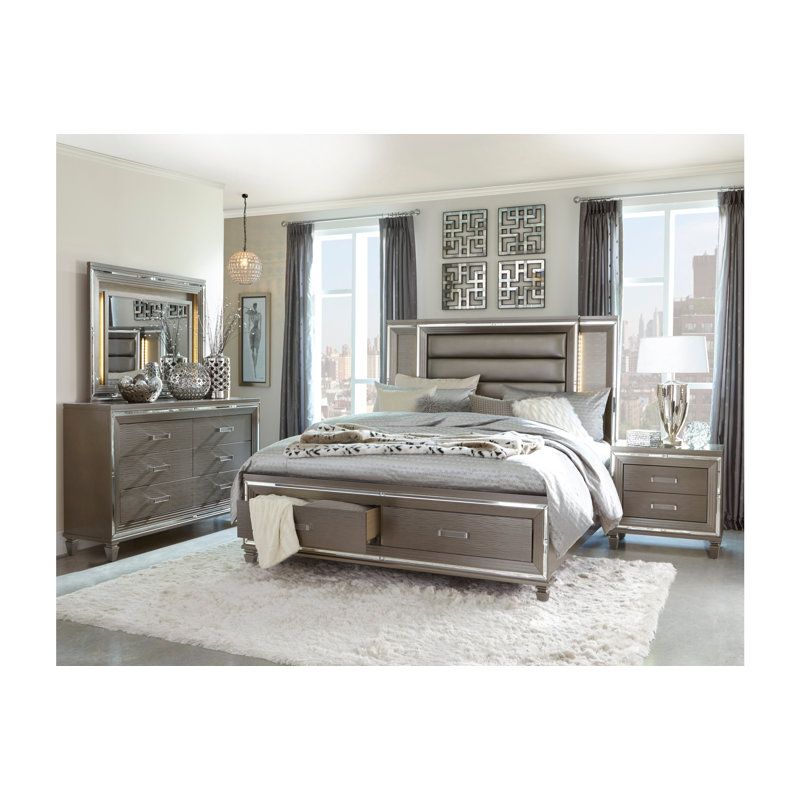 Ensemble de chambre à coucher grand lit 3 pièces, Gris argenté