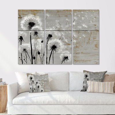Blanc, noir, pissenlit, matin, été, brise, ensemble de reproductions d'art mural pissenlit