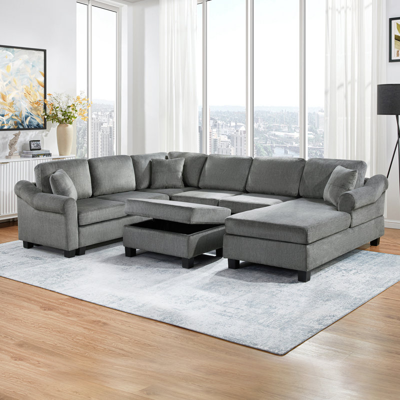 Canapé modulaire en U avec repose-pieds de rangement mobile, Chenille grise foncée