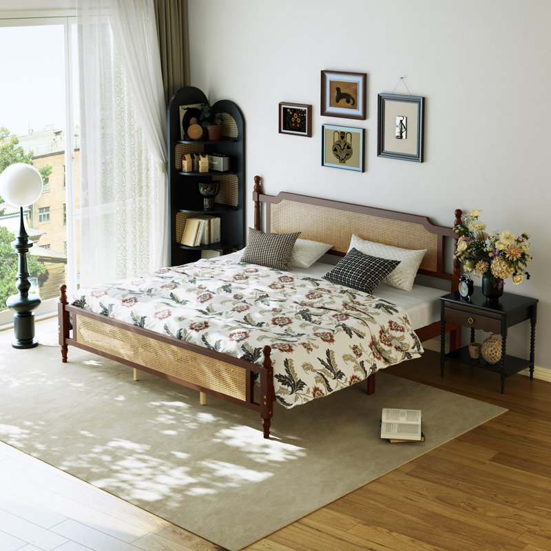 Pine Wooden Platform Bed With Rattan Headboard & Footboard, Walnut, King
