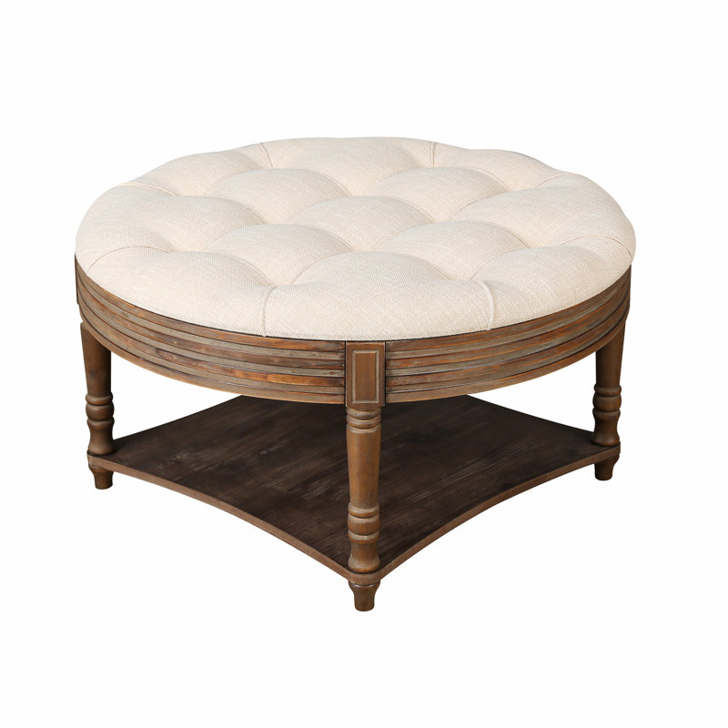 Round Ottoman, Small Upholstered Coffee Table, Button Tufted Ottoman With Wooden Shelf, Indoor Small Ottoman, Beige White