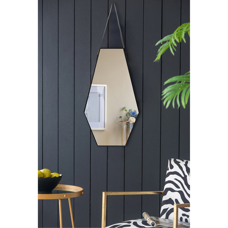 18x1.6x31.5" Black and Silver Hexagonal Wall Mirror with Hanging Leather Strap