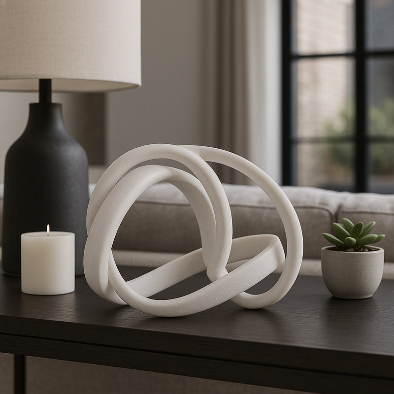 Decorative Abstract Circular Loop Statue Sculpture For Home Decor - Contemporary Decorative Objects For Living Room And Tabletop Styling - 16", White