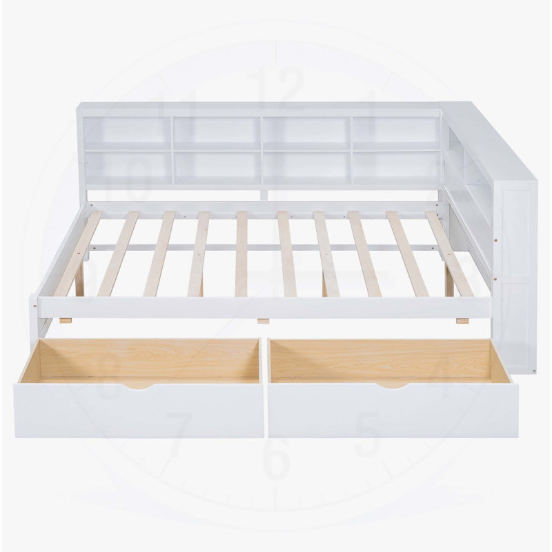 Lit de jour en bois avec 2 tiroirs, tablette de rangement et ports de chargement USB, , Complet/Double, Blanc