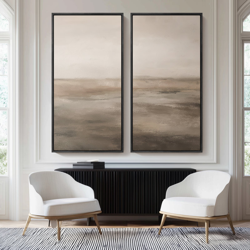 Calm Neutral Abstract Horizon - Set of 2 Framed Wall Art Print on Canvas 60"x30"x2pcs, 60" H x 30" W, Black