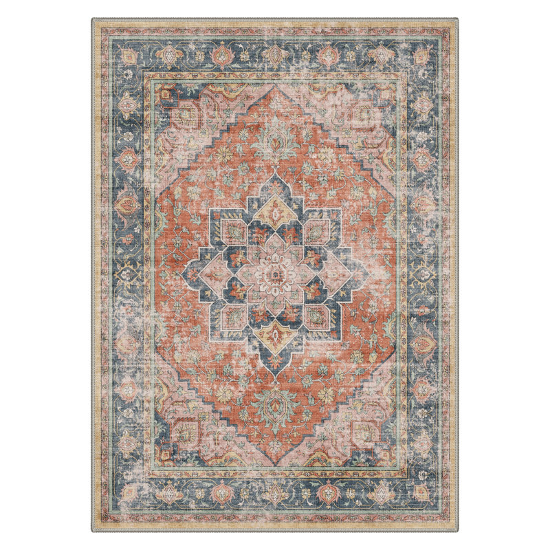 Tapis intérieur orange / bleu délavé à la machine avec envers antidérapant Advay, Rectangle 5 pi x 7 pi