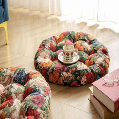 20" Round Vintage Jacquard Chair Cushion, Floral Tufted Seat Pad