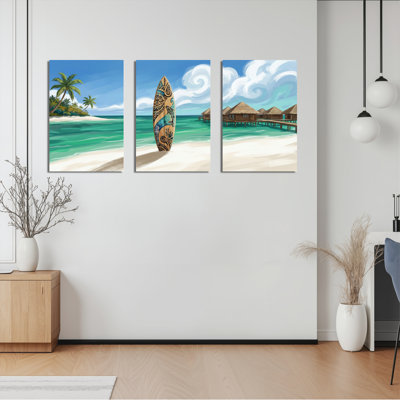 «Tropical Beach Surfboard», ensemble de 3 reproductions d'art sur toile tendues sur toile