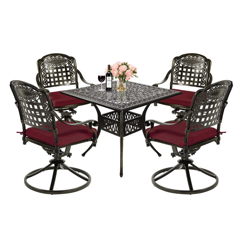  5-piece Outdoor Patio Dining Set, All-weather Cast Aluminum Patio Conversation Set With 4 Cushions Swivel Rocker Chairs For Backyard Garden Deck And 35.4" Square Table