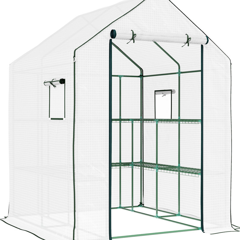 Serre de plain-pied 4,6 pi x 4,7 pi, avec 2 tablettes de rangement pour légumes, blanc, extérieur, jardin, patio