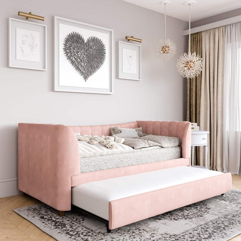Maude Twin Upholstered Daybed with Trundle, Pink