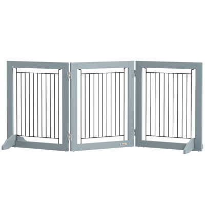 Foldable Wooden Pet Gate with 3 Panels 2 Support Feet for Small Dogs