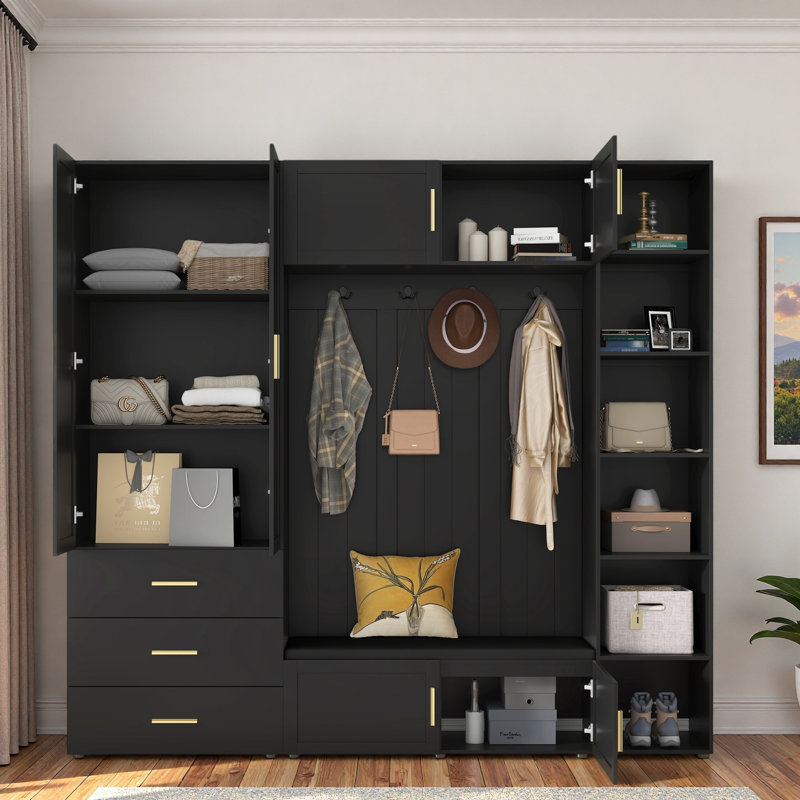 4-in-1 Hall Tree With Padded Bench, 4 Hooks, 3 Drawers And Adjustable Storage Shelves, Antique Black