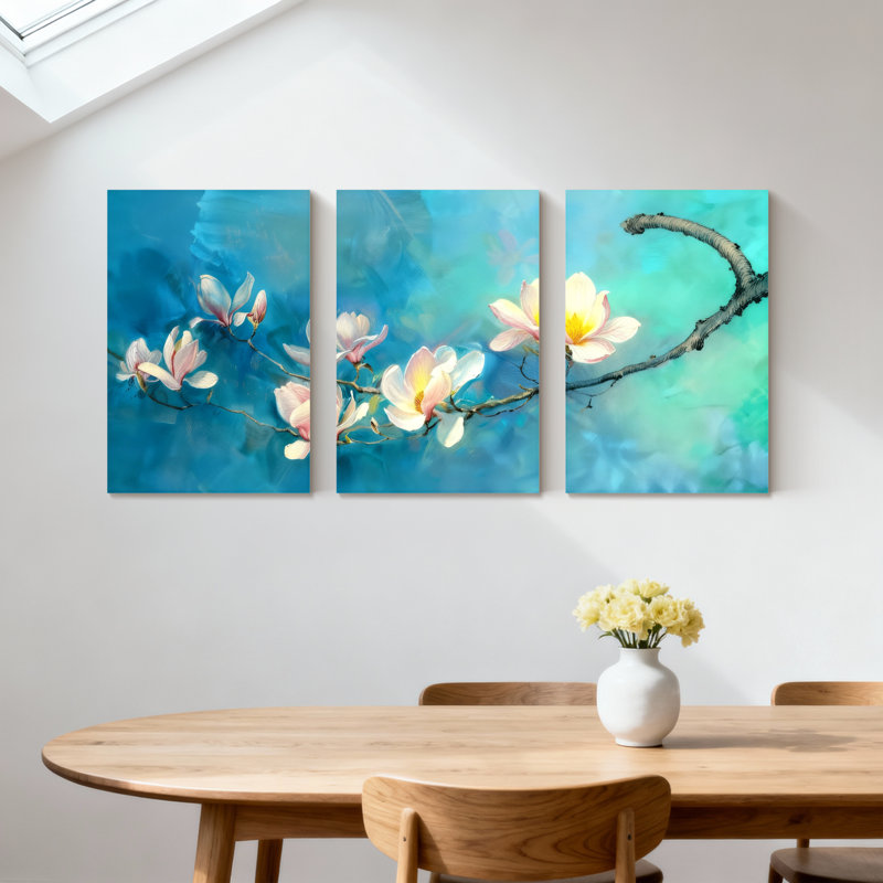 Magnolia Magnolia fleurs sur fond bleu, ensemble de 3 reproductions d'art sur toile, H 18 po x l 36 po