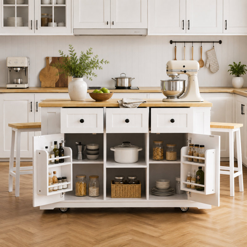 53" Rolling Kitchen Island with Drop Leaf & Power Outlet, Farmhouse Storage Cabinet with 3 Drawers, Internal Door Racks & 2 Bar Stools, Mobile Kitchen Cart