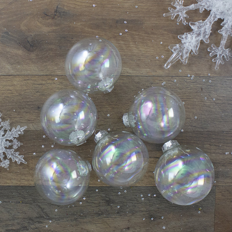 Set of 6 Clear Iridescent Glass Ball Christmas Ornaments