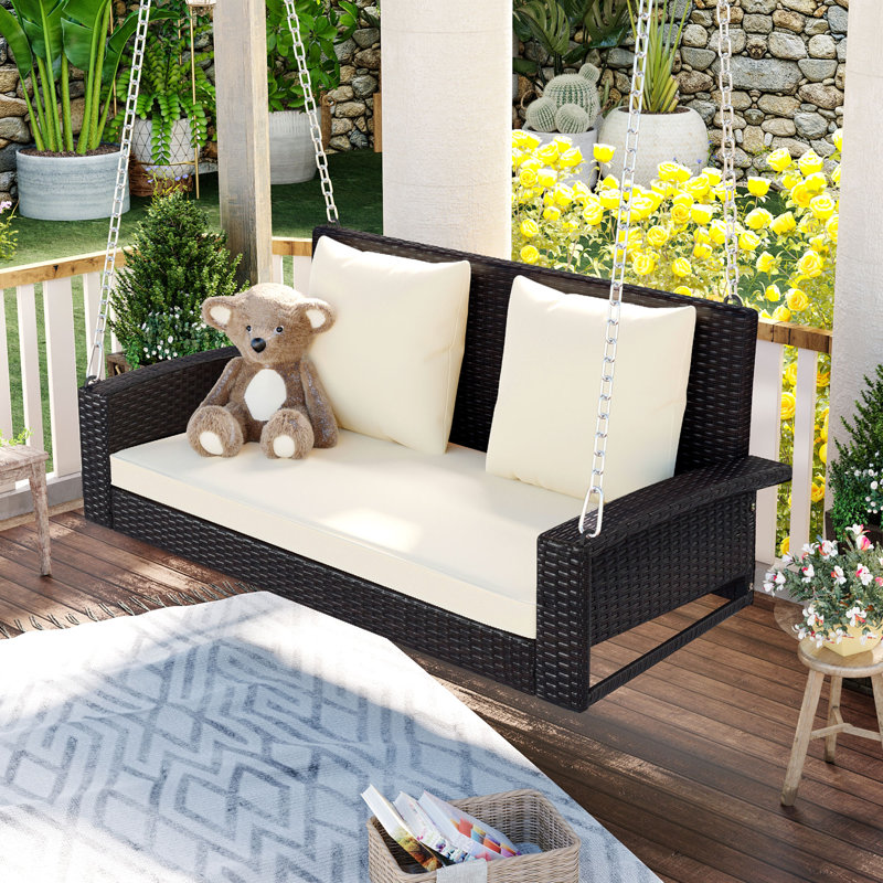  Balançoire suspendue en osier pour 2 personnes, banc en rotin avec chaînes, coussin et coussin, Coussin beige / cadre brun