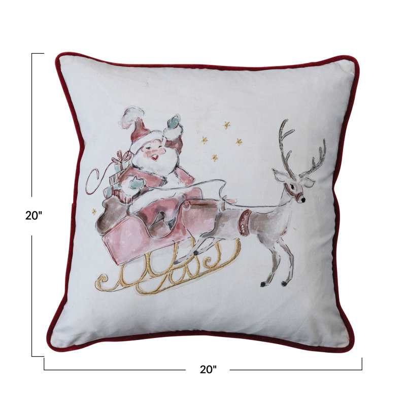 Square Embroidered Cotton Throw Pillow in Beige and Red