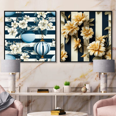 Motif floral rayé de charme nautique - ensemble de collage abstrait botanique carré de 2
