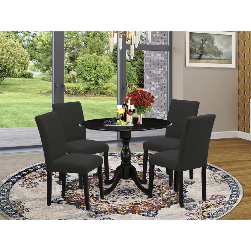 Ensemble de table de salle à manger 5 pièces moderne comprenant une table ronde en bois avec Dropleaf et 4 chaises rembourrées en tissu de couleur noire, noir brossé