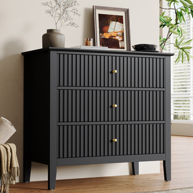 Philomena Large 3 Drawer Dresser, Wide Chest of Drawers, Black