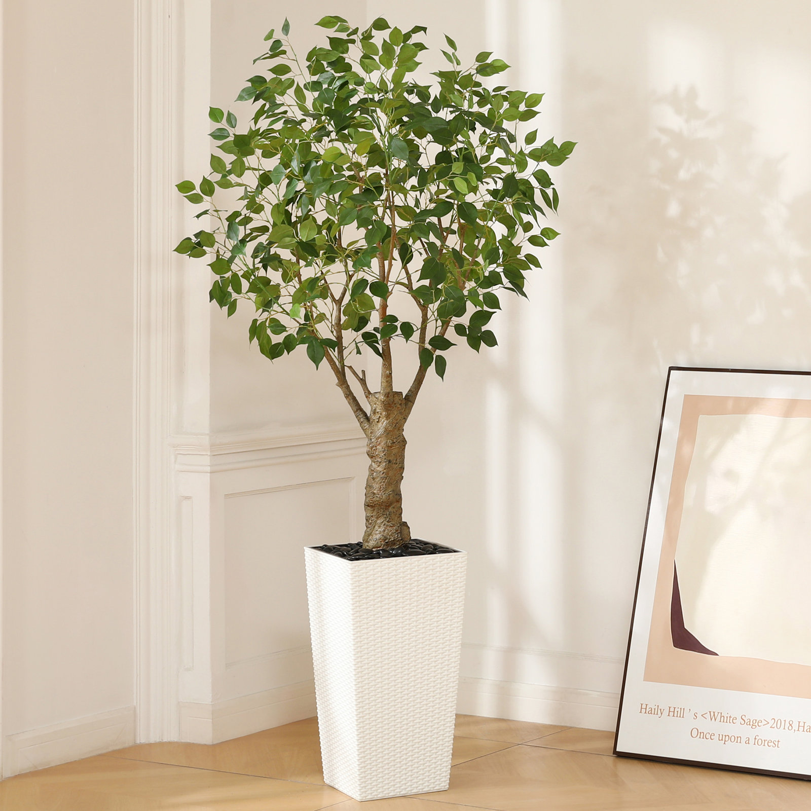 Adcock Artificial Ficus Tree UV Resistant with Tall Planter, Faux Ficus Tree for Outdoor Indoor, 72" H x 24" W x 24" D, White