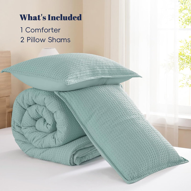 PHF Soft Waffle Comforter Set, Comfy Breathable Lightweight Textured Waffle Weave Comforter Bedding Set, Dusty Blue