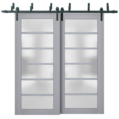 Portes coulissantes de style grange avec verre dépoli Veregio 7602 Gris mat Rails robustes de 2 m (6,6 pi) Ensemble de quincaillerie Portes de placard de chambre en bois massif - 56 x 84 (2 x 28 x 84)