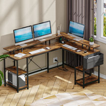 Heuss 55.1'' Computer Desk with Shelves, Tempered Glass Top Home Office Desks Ivy Bronx Color: White