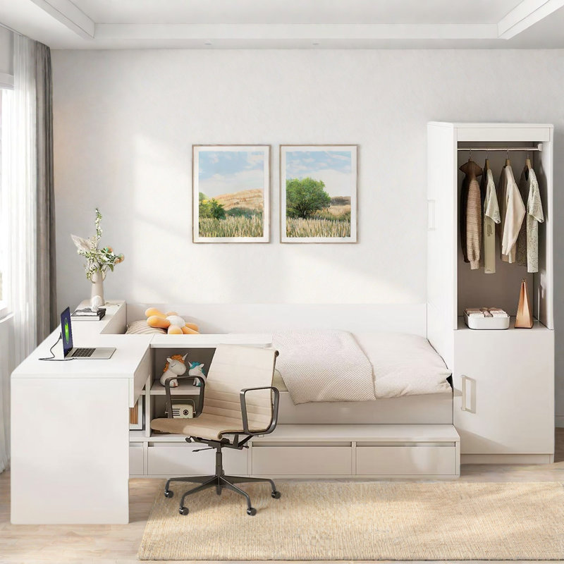 Lit plateforme en bois avec 6 tiroirs, tablettes, bureau et garde-robe, Blanc