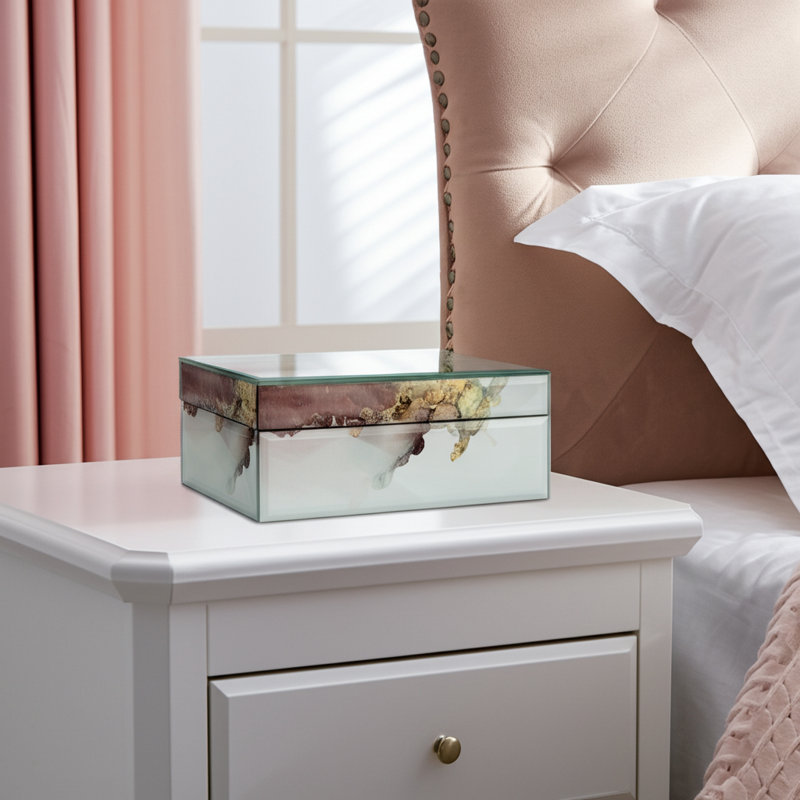 Patroula 8" W Handmade Glass Decorative Box with Velvet Lining, Beige/Gold